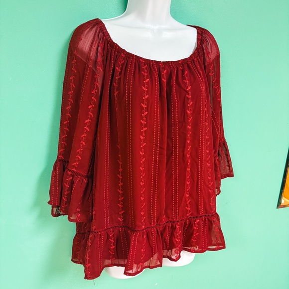 Fever Red Sheer Quarter Ruffle Sleeve Boho Blouse Womens Size 1X - Picture 3 of 9